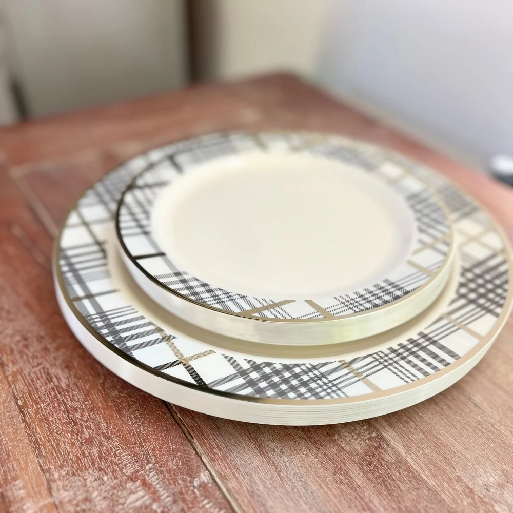 Ivory Tartan Collection Party Plates | Premium Disposable Plaid & Champagne Gold